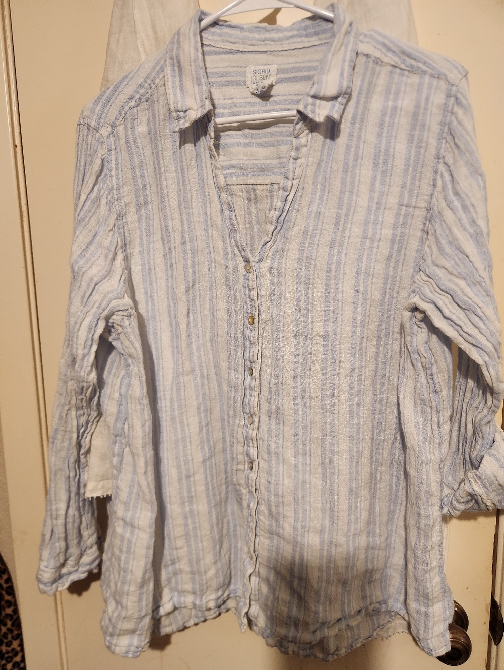 Sigrid Olsen Pale Blue and White Linen Striped Button-Up Tunic Sz 2X B:50"